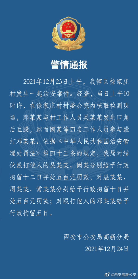 西安市公安局高新分局2021年12月23日上午,我辖区徐家庄村发生一起