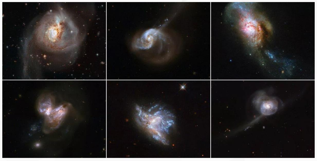 外媒:哈勃望远镜公布六幅罕见星系合并照片