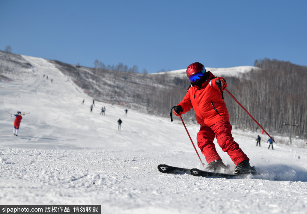 内蒙古呼伦贝尔牙克石凤凰山滑雪场,运动员在进行滑雪表演.