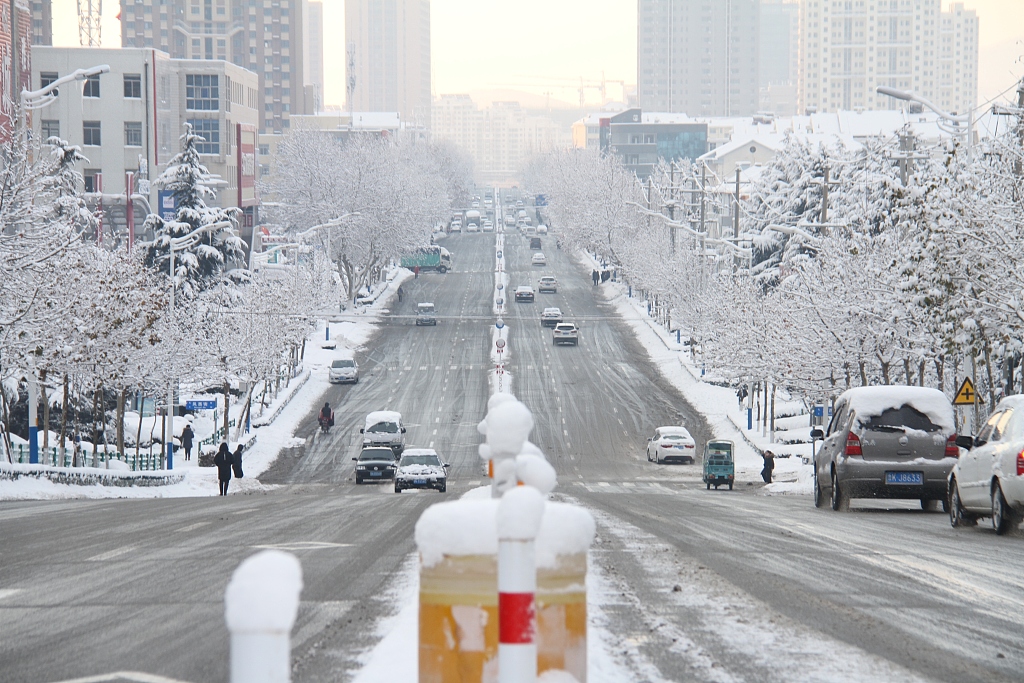 山东威海遭遇暴雪天气市民雪中出行