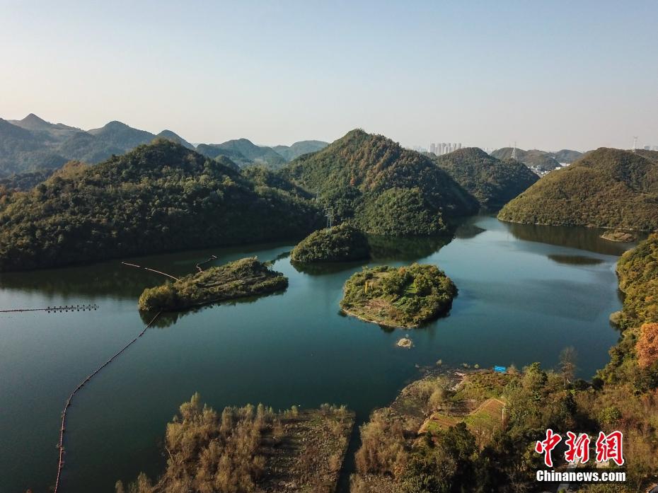 航拍贵阳阿哈湖国家湿地公园初冬美景