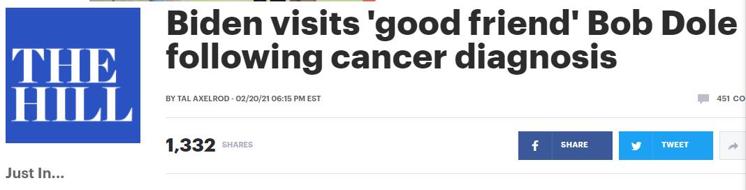 《国会山报》:拜登拜访其好友鲍勃·多尔,在后者被诊断出癌症之后