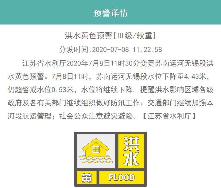江苏变更苏南运河无锡段洪水黄色预警