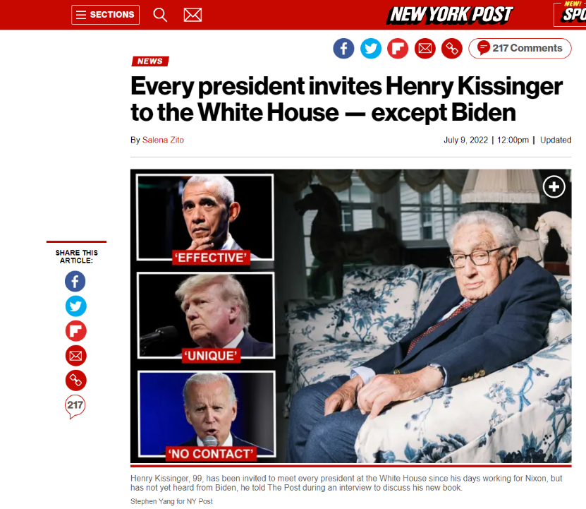《纽约邮报》：（尼克松以来）每位总统都邀请亨利·基辛格到白宫——拜登除外