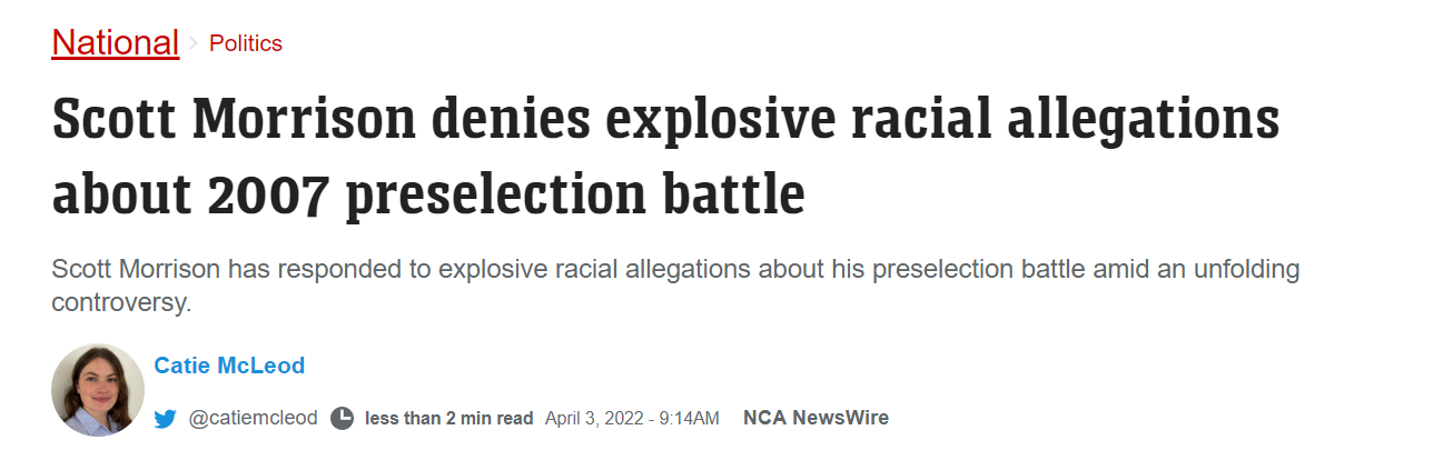 澳大利亚新闻网：斯科特·莫里森否认有关2007年预选之战的爆炸性种族指控
