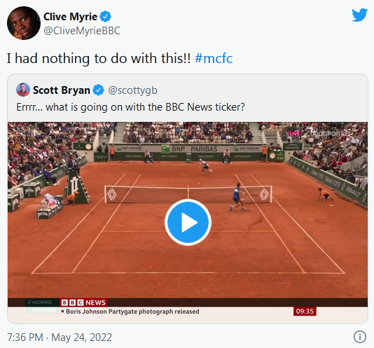 BBC主持人、曼城球迷Clive Myrie 推特截图
