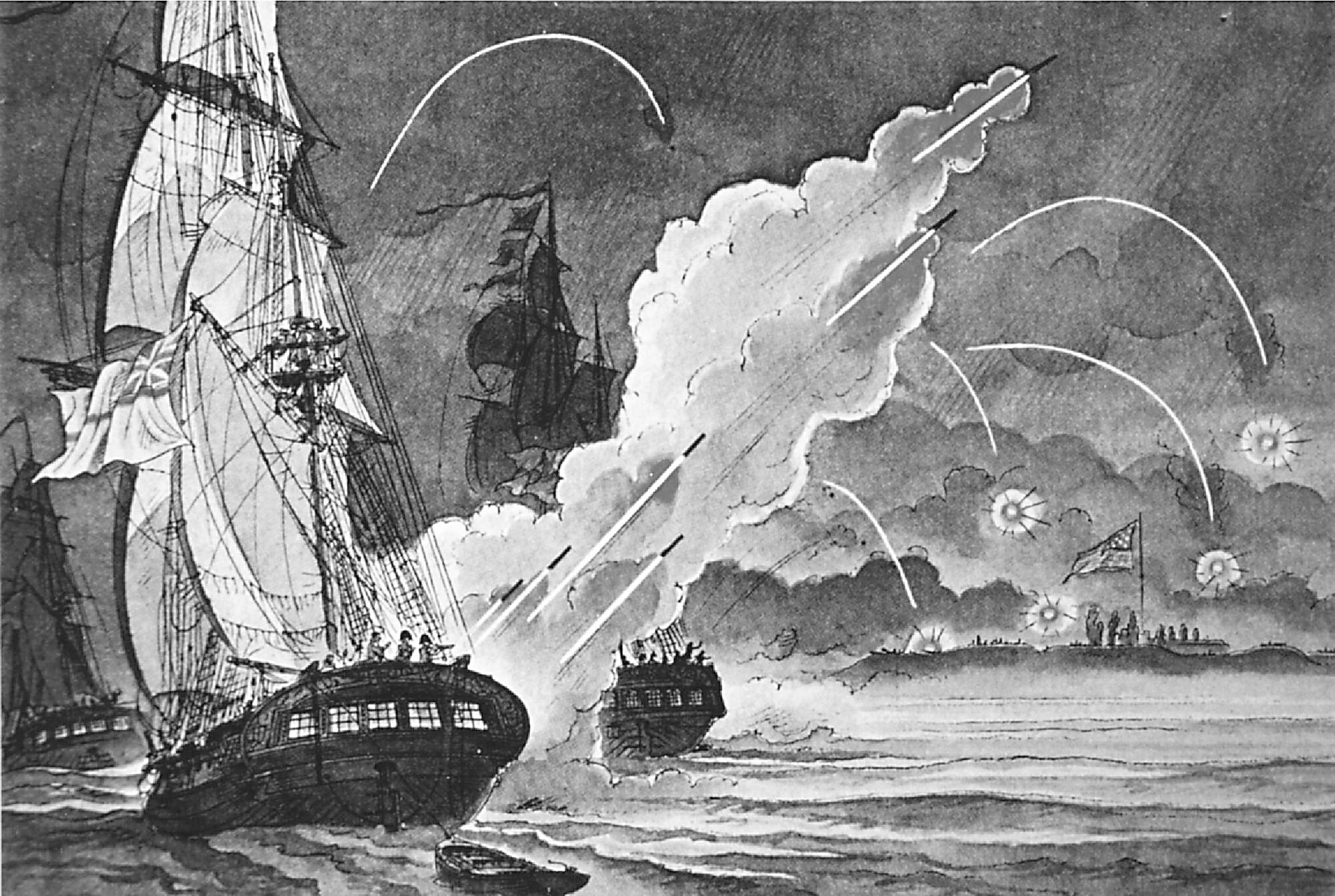 艺术家笔下的1814年英军炮轰麦克亨利要塞的场景