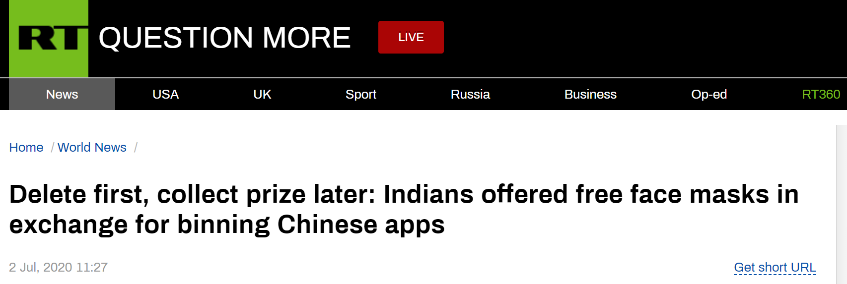 RT报道截图“先删除，再拿奖励：印度人提供免费的口罩，以换取删除被禁的中国App”