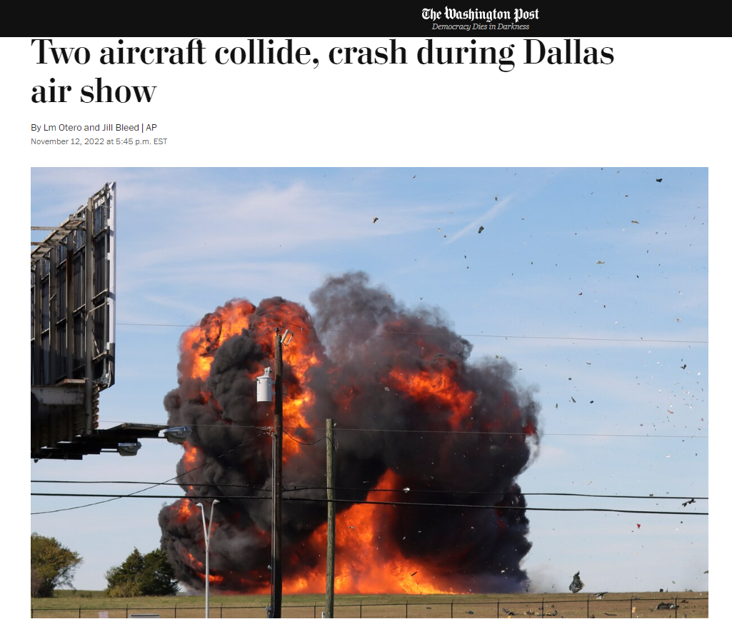 《华盛顿邮报》援引美联社消息报道称，两架飞机在达拉斯航展期间相撞