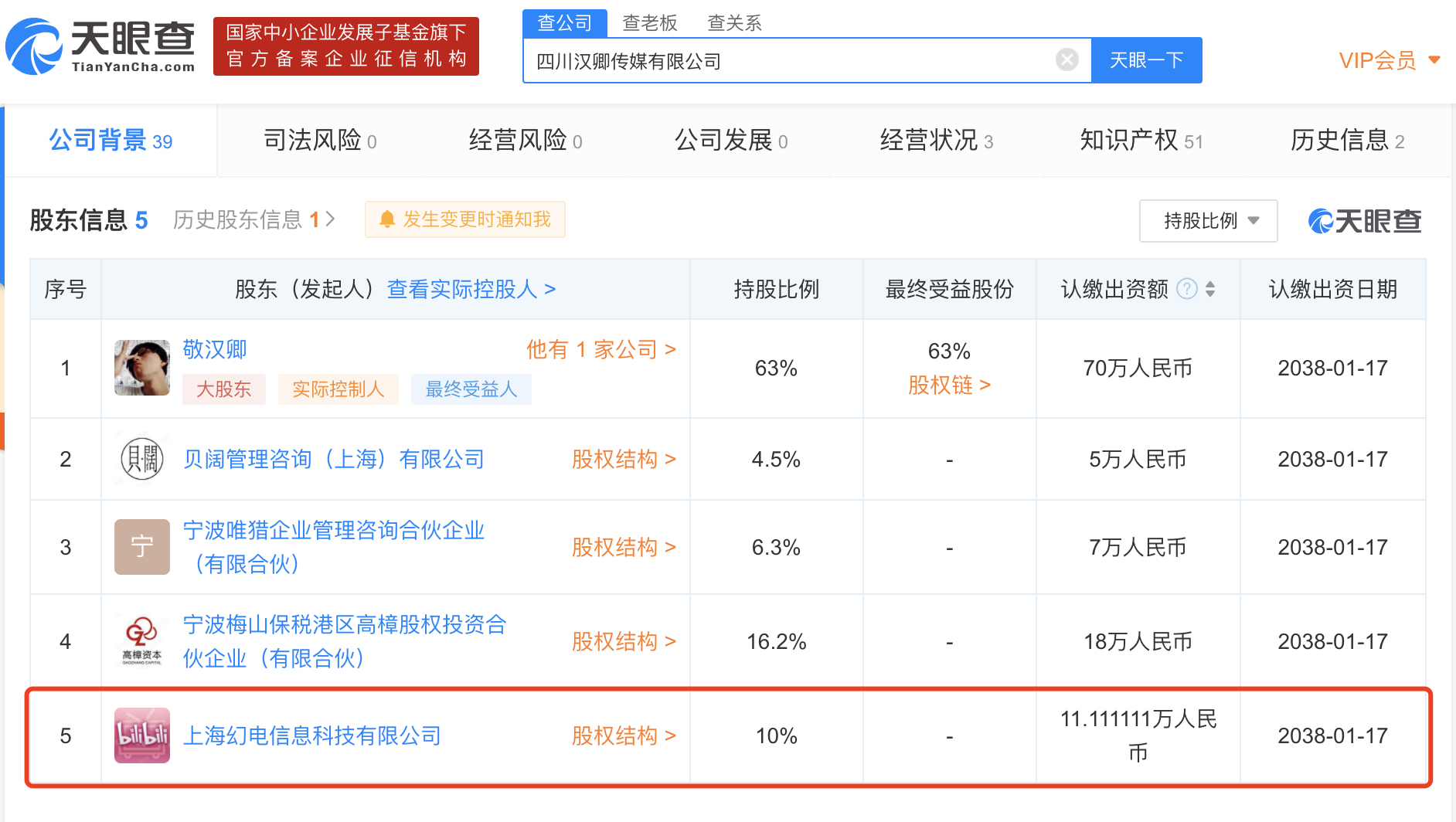 b站关联公司入股旗下up主敬汉卿公司认缴出资额为11111111万人民币
