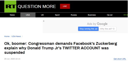RT：好吧，老古董……国会议员要求脸书的扎克伯格解释为什么唐纳德·特朗普儿子的推特账号被暂时“封号”