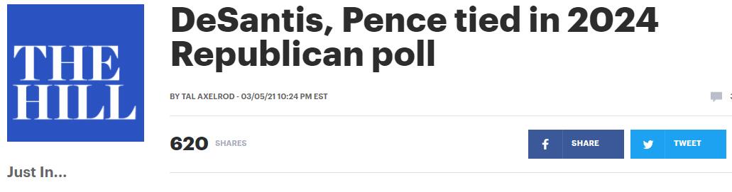 （《国会山报》：德桑蒂斯和彭斯在2024年共和党总统候选人的民调中支持率不相上下）