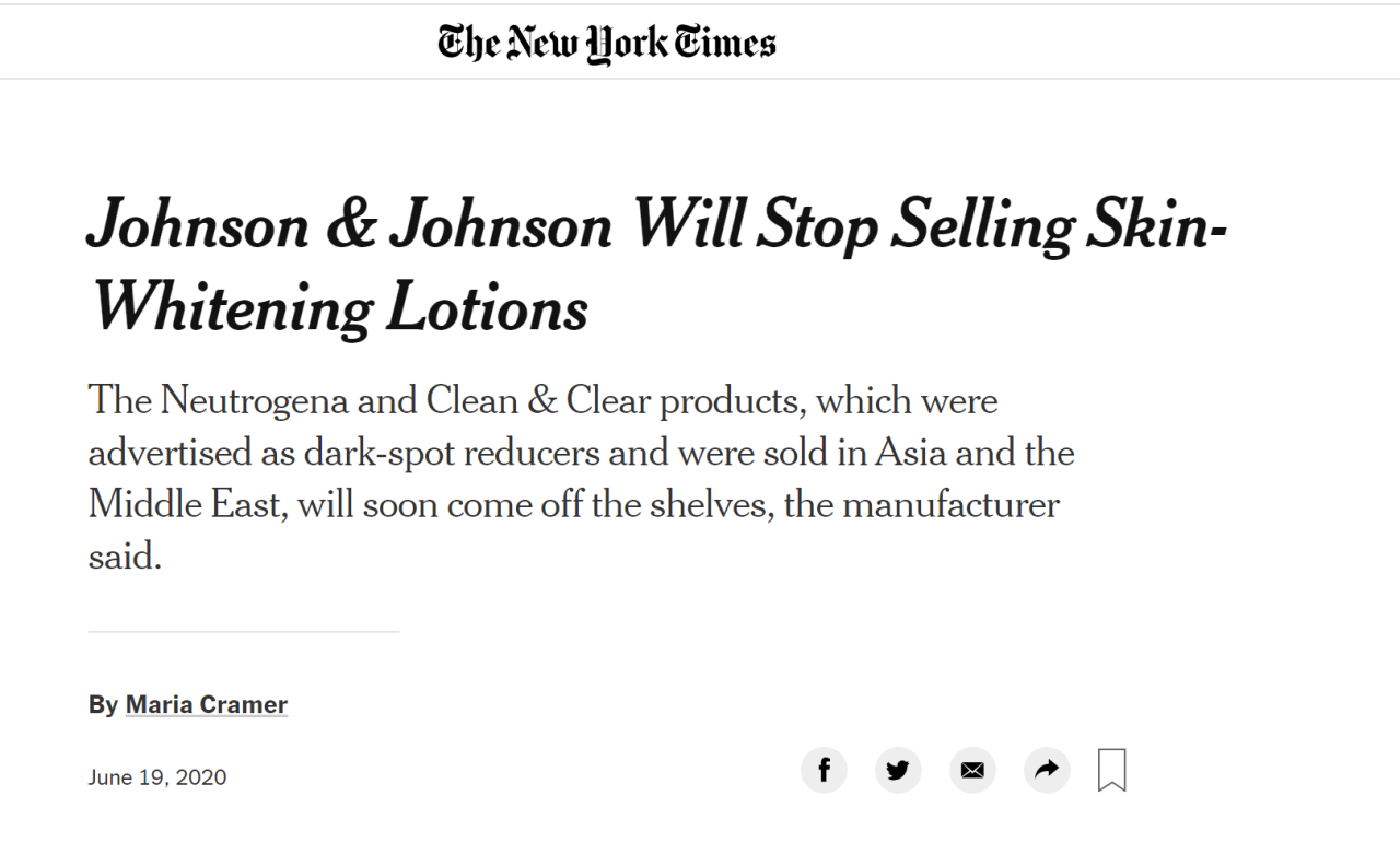 《纽约时报》：强生宣布将停止销售美白产品