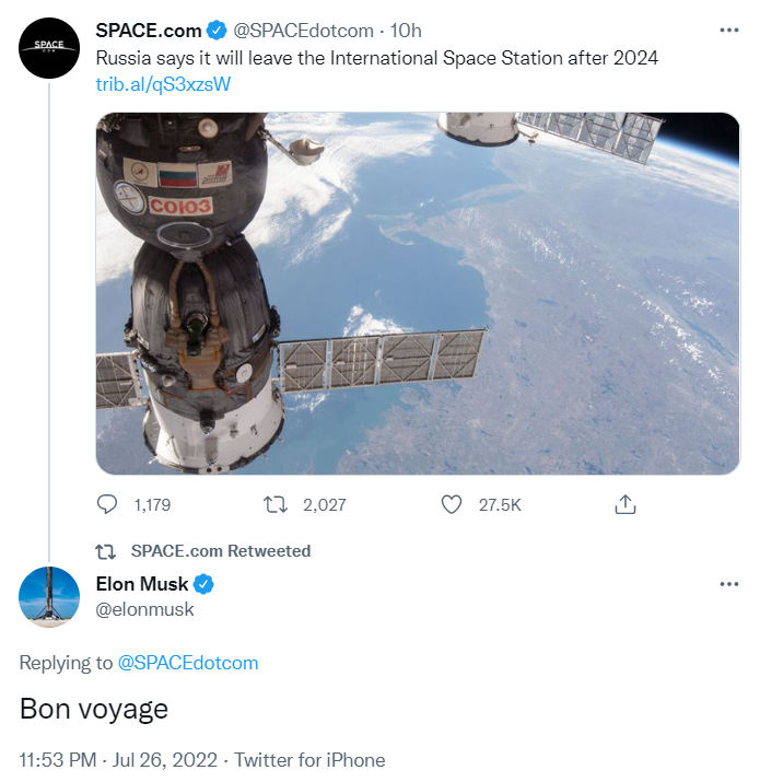 “SPACE.com”在推特发“俄罗斯称将在2024年后退出国际空间站”相关报道链接，马斯克在下方评论
