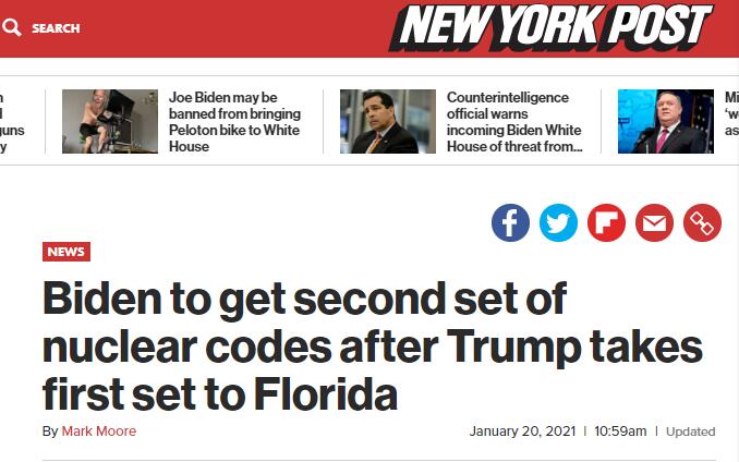 （《纽约邮报》：特朗普将第一个“核手提箱”带去佛罗里达州后，拜登将获得第二个“核手提箱”）