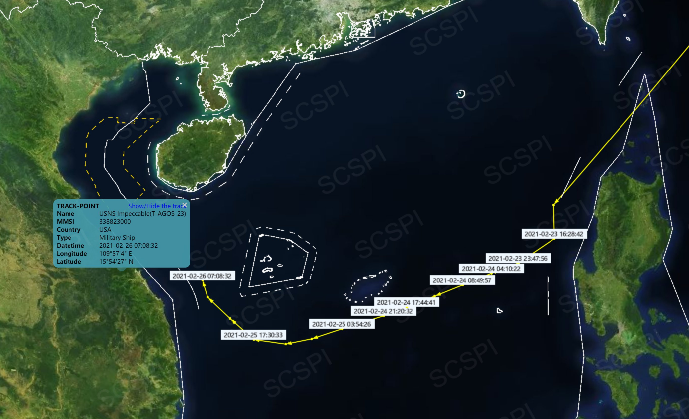 “南海战略态势感知”计划平台26日公布的“无暇”号测量船航迹图