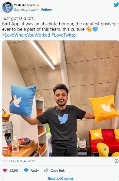 亚什被裁员后发布的推文