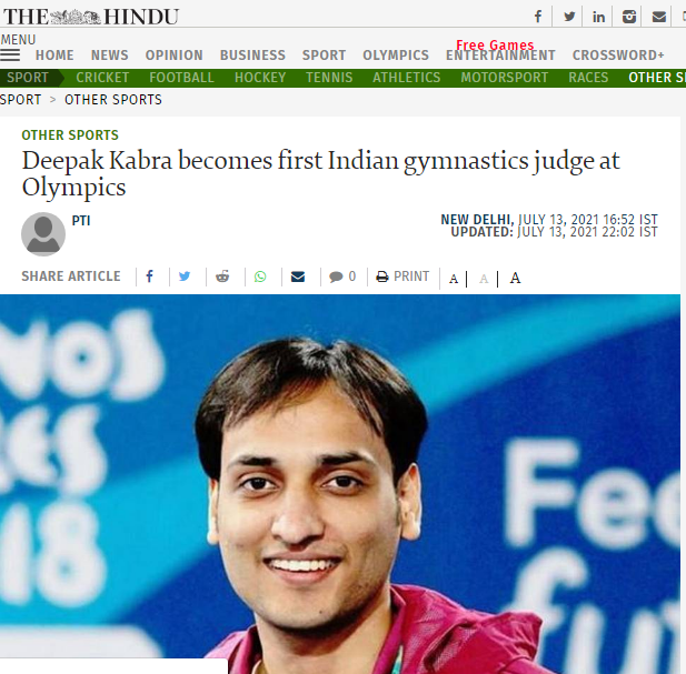 《印度教徒报》：迪帕克·卡布拉成为印度首位奥运会体操裁判