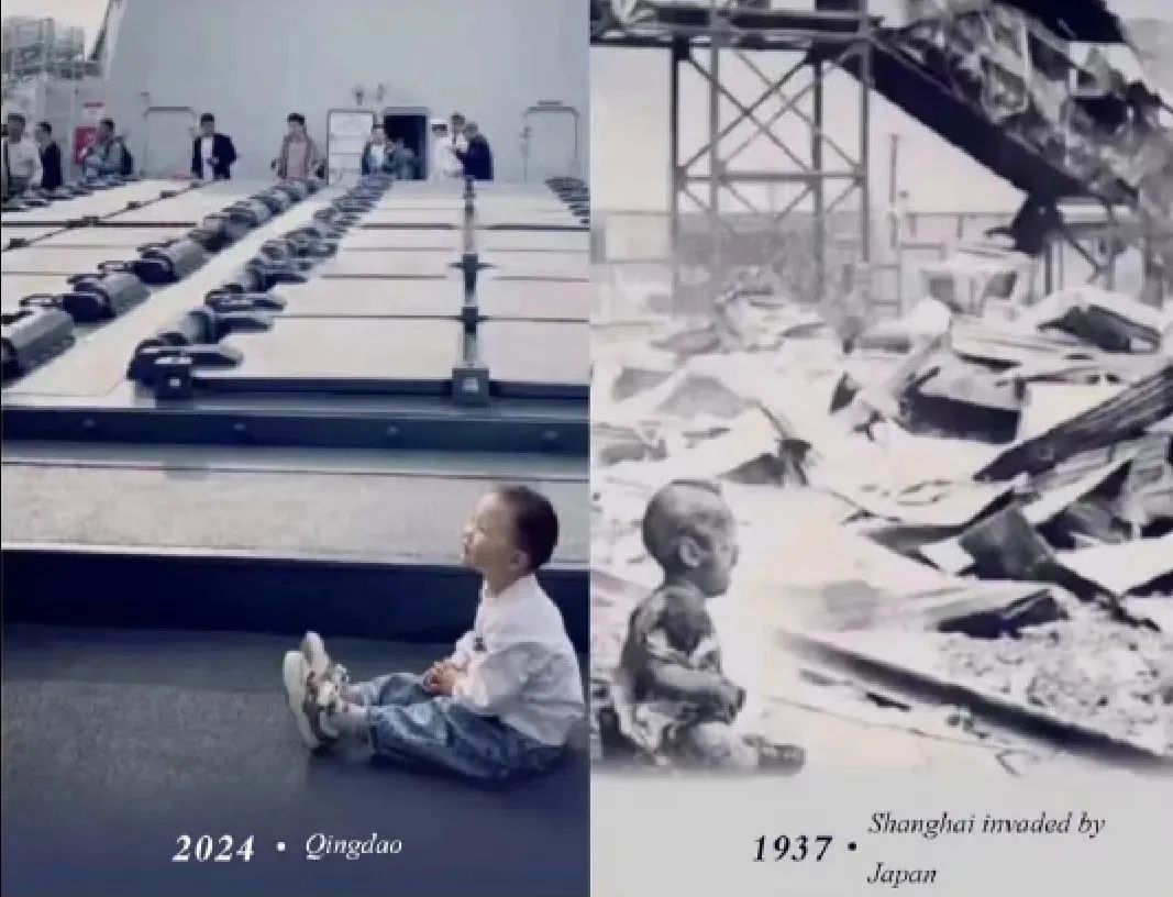 两个孩子，一个坐在国产先进战舰的甲板上微笑，身后就是导弹垂直发射系统，另一个坐在抗日战争中的焦土中哭泣。