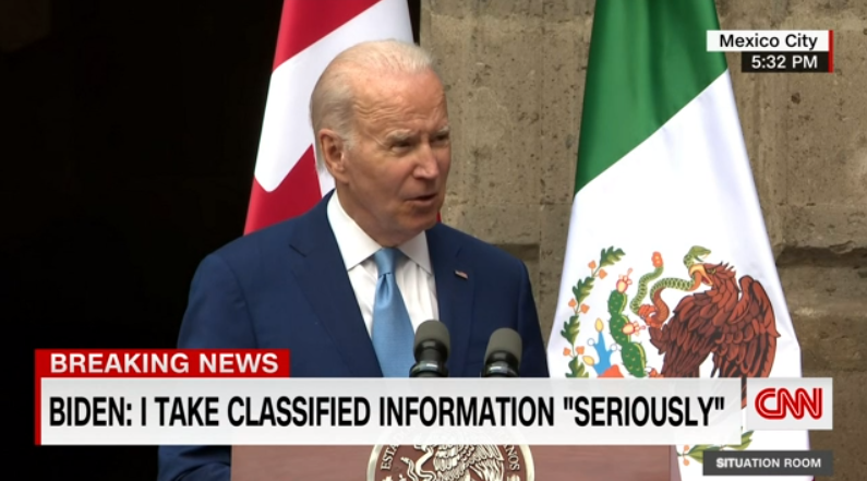 当地时间10日，在与墨西哥和加拿大领导人的联合新闻发布会上，拜登称对“被曝私存机密文件”一事感到“惊讶” 视频截图 图源：CNN