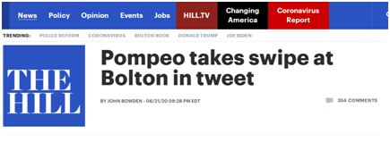 美国《国会山报》报道：蓬佩奥在推特上抨击博尔顿