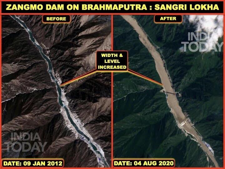 藏木大坝2012年和2020年卫星对比图。图源：《今日印度》