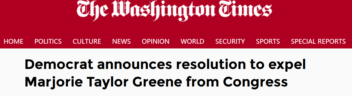 《华盛顿时报》：民主党人宣布将玛乔丽·泰勒·格林逐出国会决议
