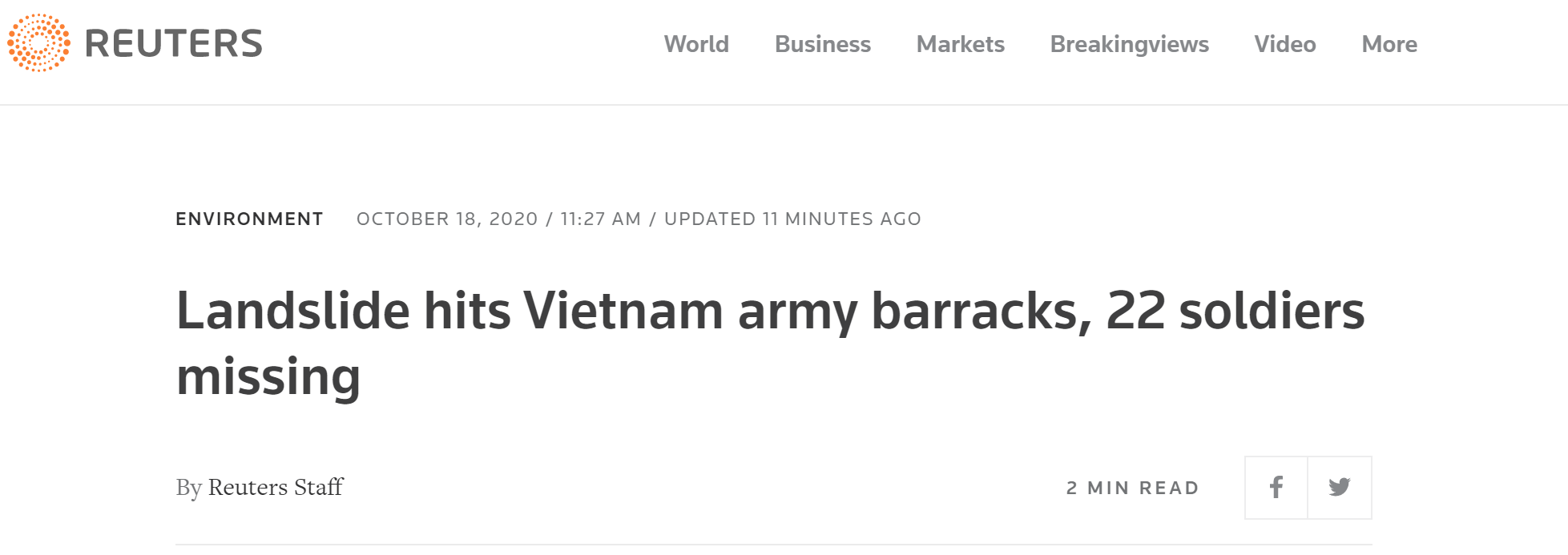 路透社：山体滑坡袭击越南军营，22名士兵失踪