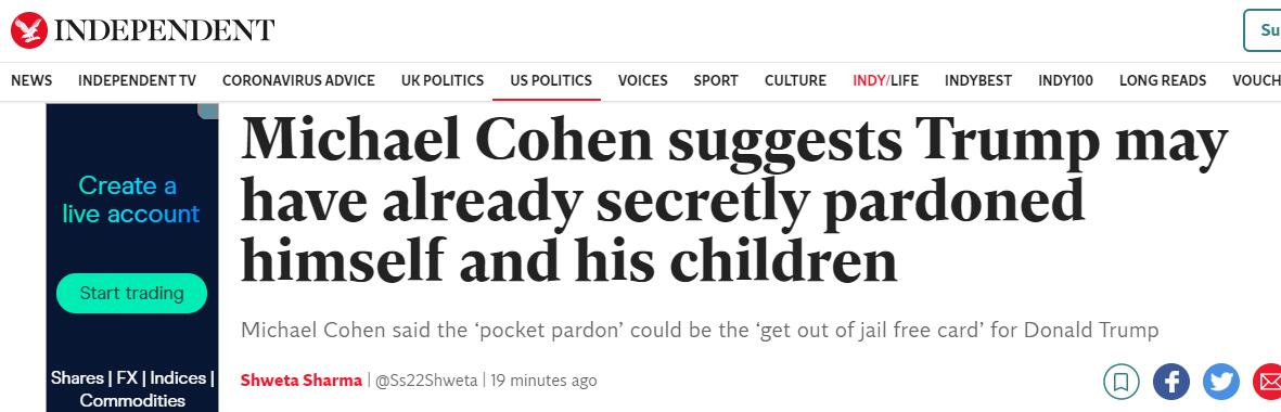 《独立报》：迈克尔·科恩称，特朗普可能已经“秘密”赦免自己及子女