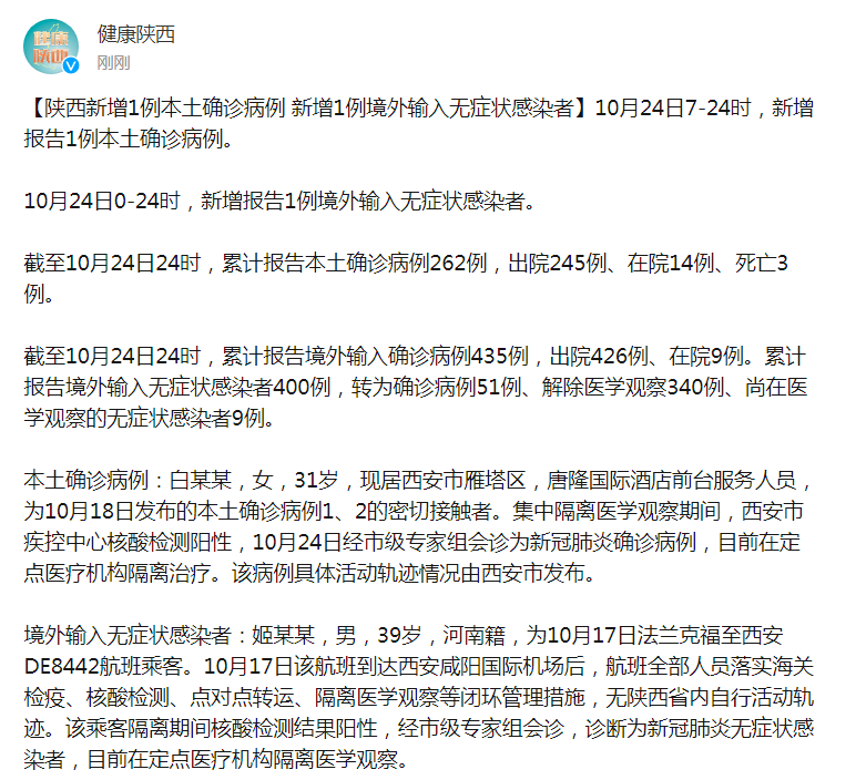 陕西新增1例本土确诊病例新增1例境外输入无症状感染者
