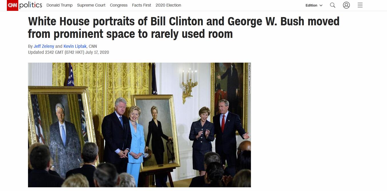 CNN：克林顿与小布什肖像被从白宫显眼的地方转移至很少使用的房间