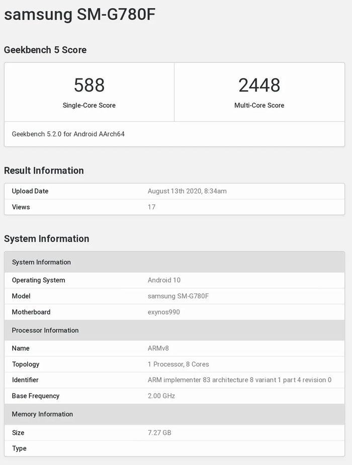 galaxy s20粉丝版现身跑分库:搭载exynos 990处理器