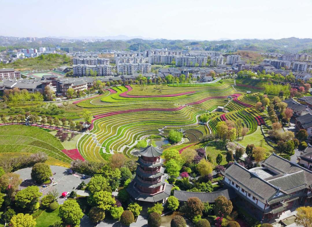 2022年4月7日,贵州省毕节市大方县奢香古镇城市梯田景观.(王纯亮 摄)