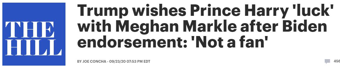 （《国会山报》：在二人公开支持拜登后，特朗普祝愿哈里“好运”，同时表示自己不是梅根的粉丝）