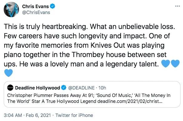 “美国队长”克里斯·埃文斯：他的离开是令人心碎的消息，是难以估量的损失。很少有人有如此长的职业生涯和影响力。《利刃出鞘》给我留下的最美好的回忆之一就是和他一起在拍摄间隙弹钢琴。他是一个可爱的人，一个传奇。