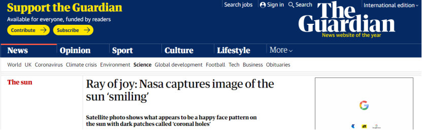 英国《卫报》：欢乐之光，NASA捕捉到太阳“微笑”的图像
