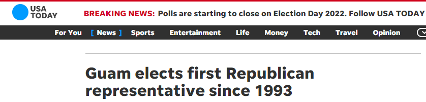 《今日美国报》：关岛自1993年以来选出首位共和党籍众议员