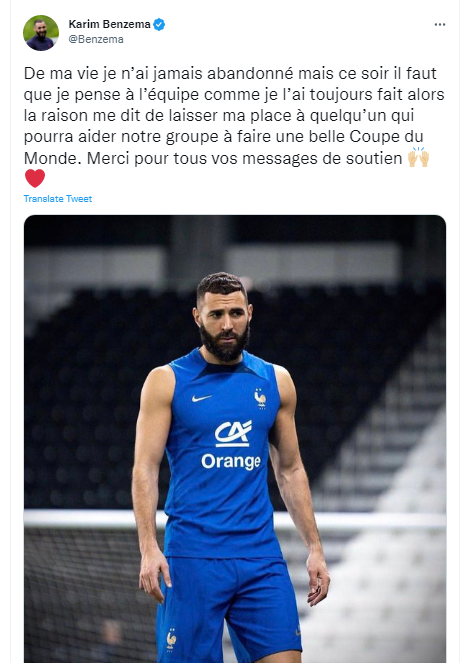 本泽马也在推特上透露自己无法参赛的消息 