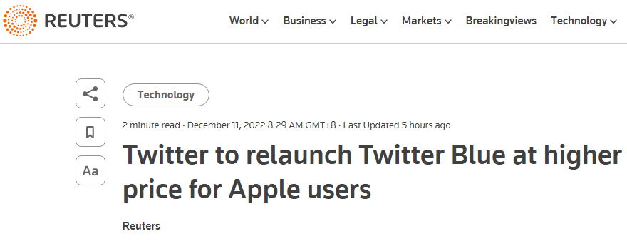 路透社：推特将以更高的价格为苹果用户重启“蓝V标记”服务