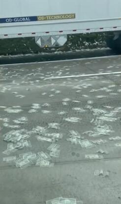 加利福尼亚州圣地亚哥高速公路19日下起了“钞票雨”（图片来源：社交媒体）