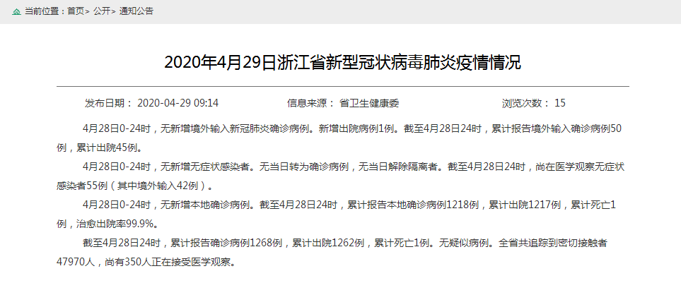 4月28日024时浙江省无新增境外输入新冠肺炎确诊病例新增出院病例1例