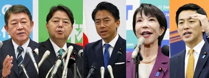 拼版图片，从左到右分别为茂木敏充、林芳正、小泉进次郎、高市早苗、小林鹰之。图源新华国际