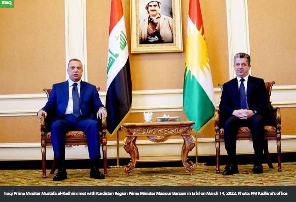 伊拉克总理卡迪米（左） 库尔德自治区总理巴尔扎尼（右） 图源：库尔德自治区总理办公室