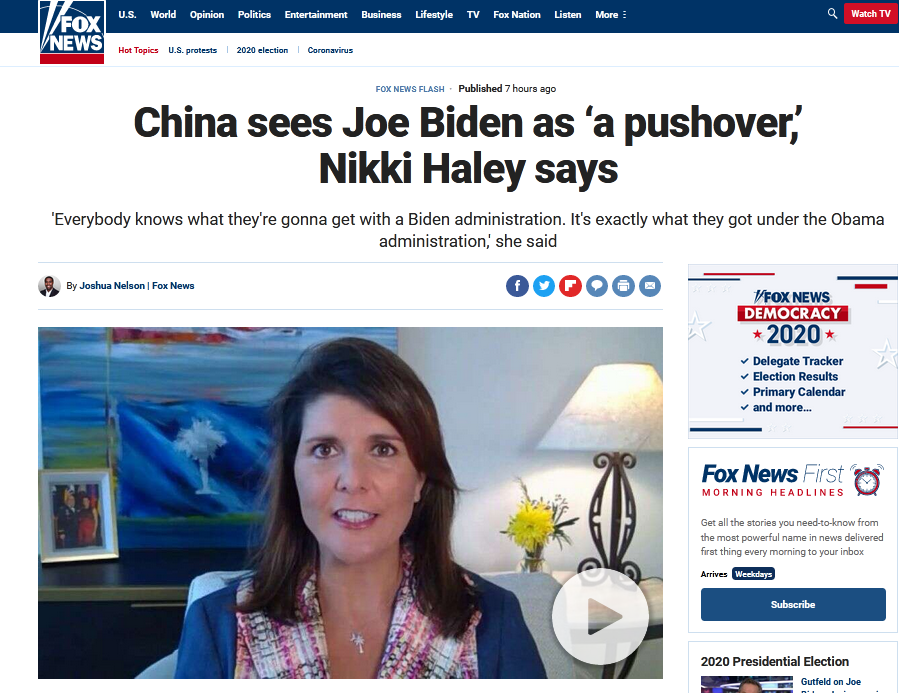 福克斯报道：黑莉称中国把乔·拜登看作一个“好对付的人”