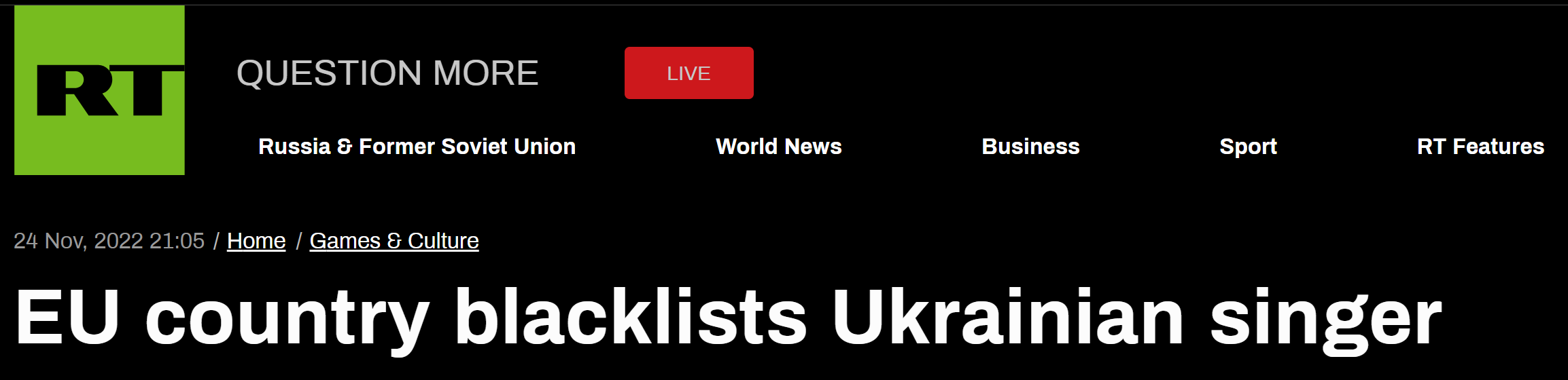 RT：欧盟国家将乌克兰歌手列入黑名单