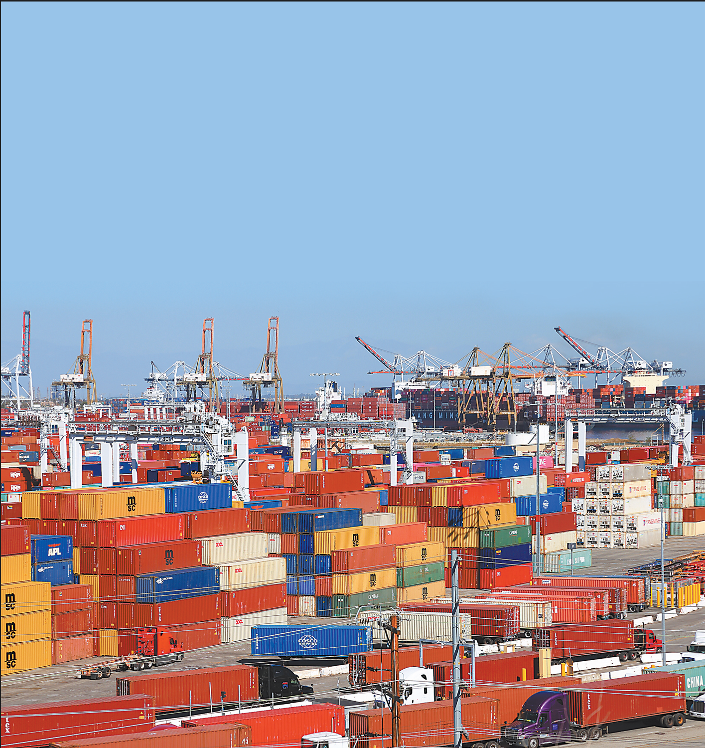 原本“一箱难求”的国际海运市场现在却被空集装箱堆积困扰。图为美国洛杉矶港。(视觉中国)