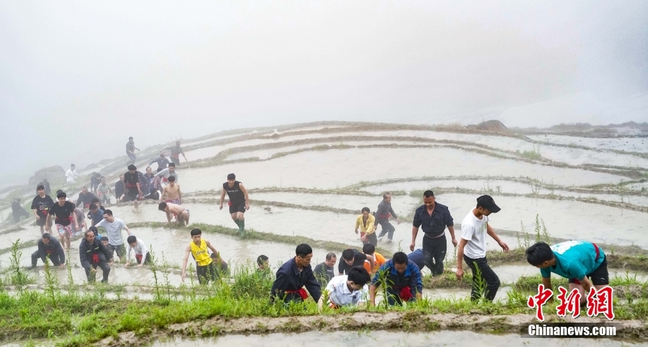 图为开耕节上爬梯田趣味比赛选手在奋力爬越田坎。图/CNSphoto 杨宗盛 摄