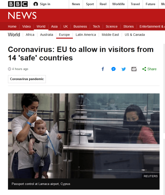 BBC：欧盟将允许14个“安全”国家的旅客入境