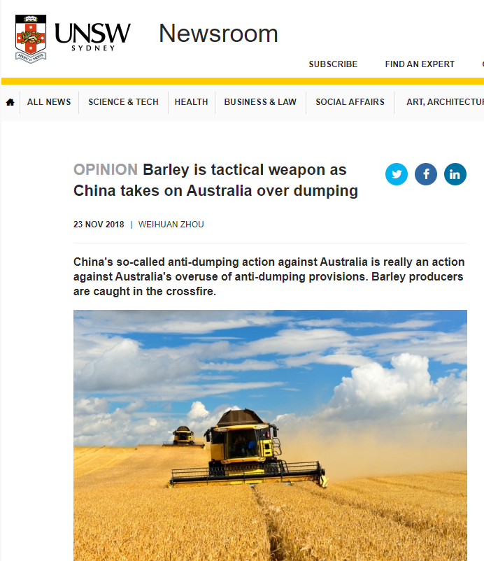 （图为澳大利亚新南威尔士大学的学者对于两国在大麦反倾销问题上发生冲突的一种分析，认为这是中国对澳大利亚之前对中国产品频频动用反倾销措施的反击）