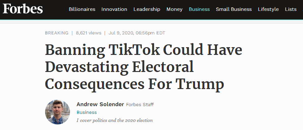 《福布斯》报道：禁用TikTok可能会给特朗普（连任）竞选带来灾难性的后果